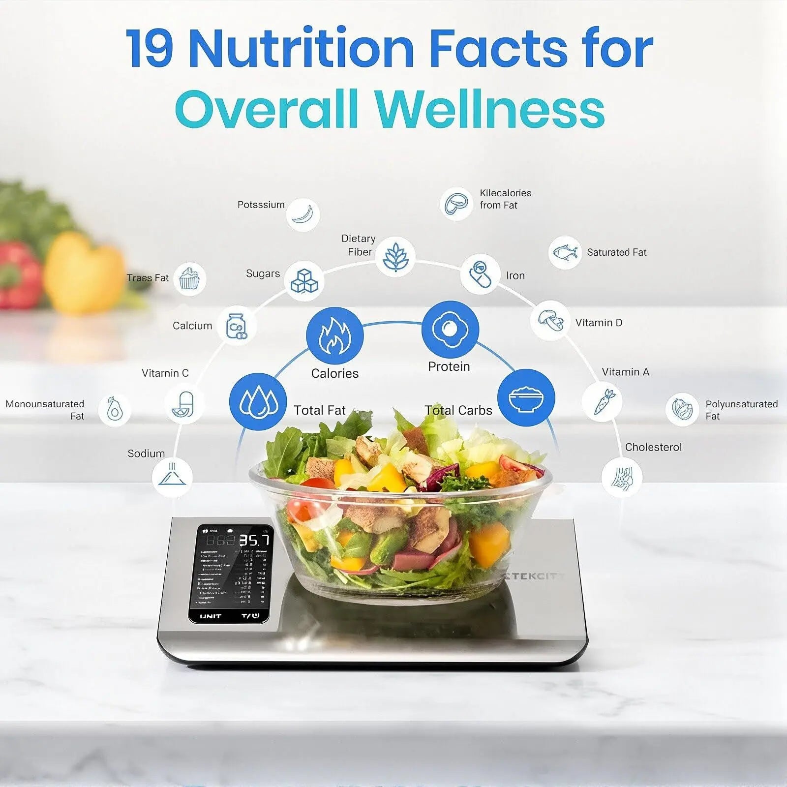 Smart Nutrition Scale for Healthy Living & Nutrition Mastery | 10kg Digital Food Scale with 19-Point Nutrient Analysis & App Hypersku