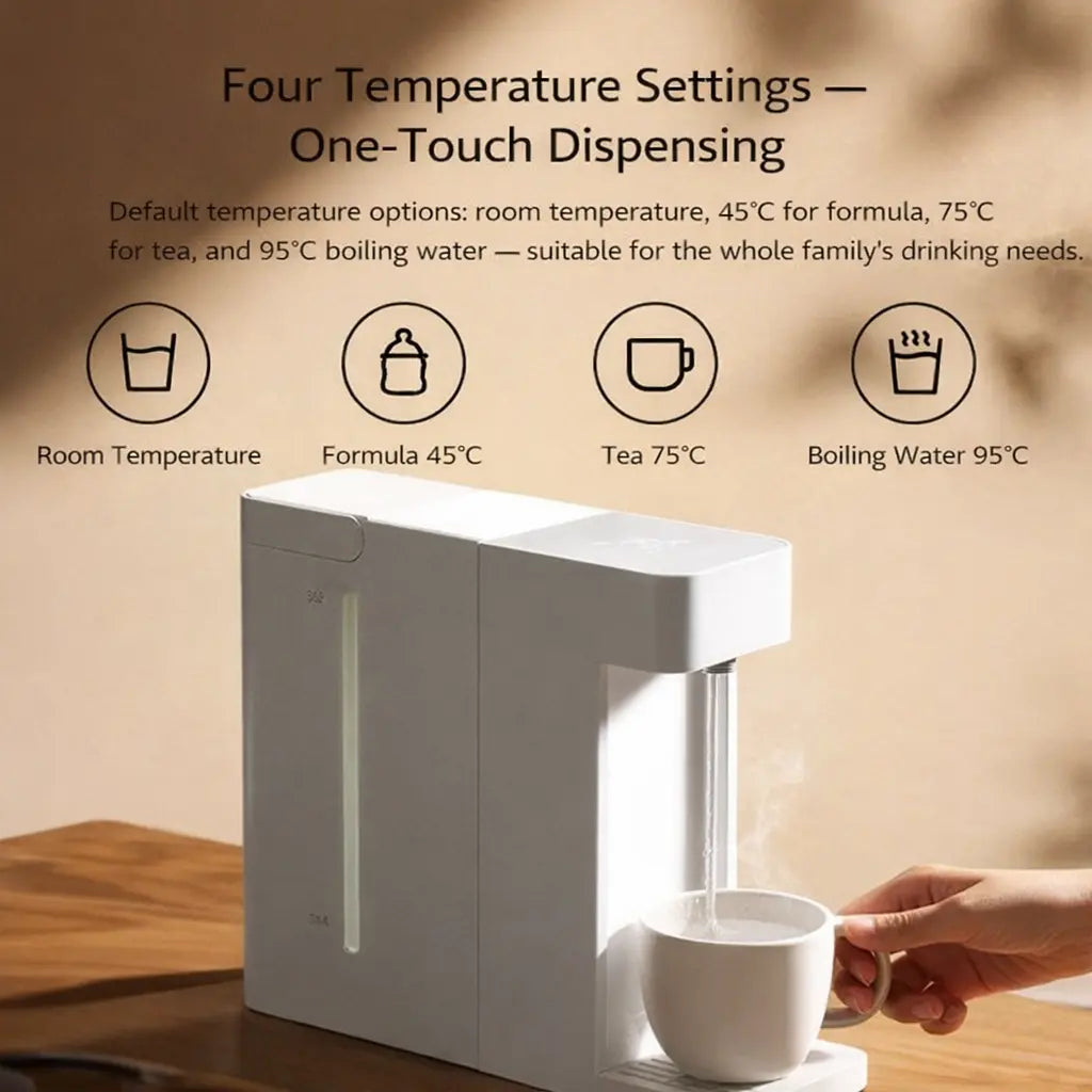 Touch-control interface showing 45, 75, and 95 degree temperature settings on a black hot water machine.